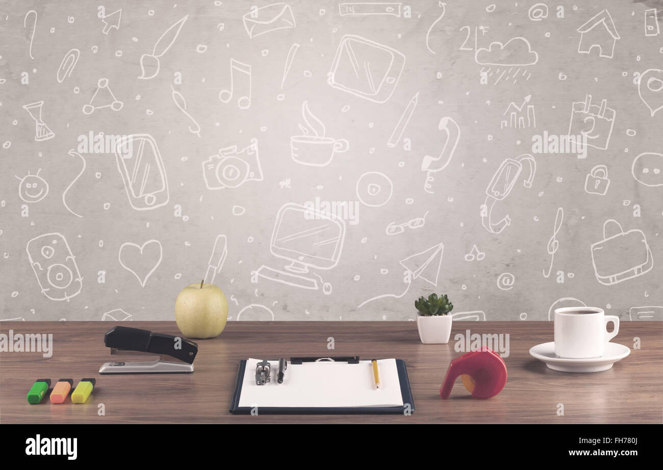 Design office desk with drawings background Stock Photo - Alamy