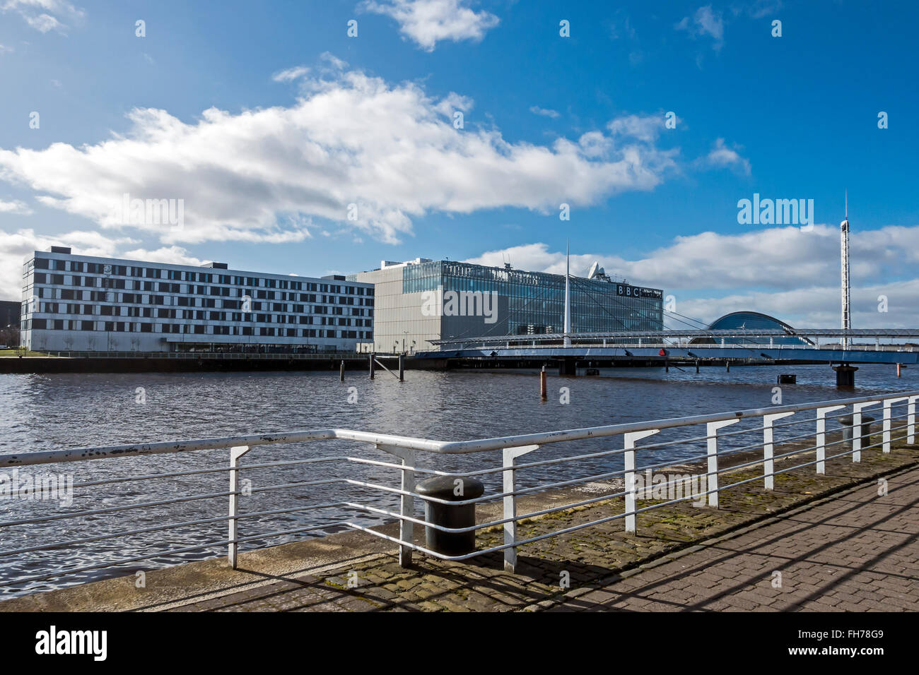Premier Inn and BBC buildings by the River Clyde at Pacific Quay in
