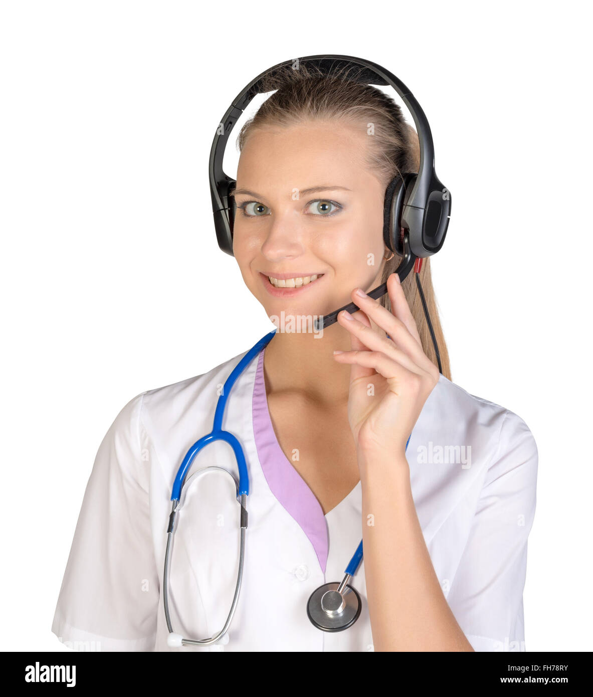 Medical call center concept - woman with headphone isolated on white Stock Photo