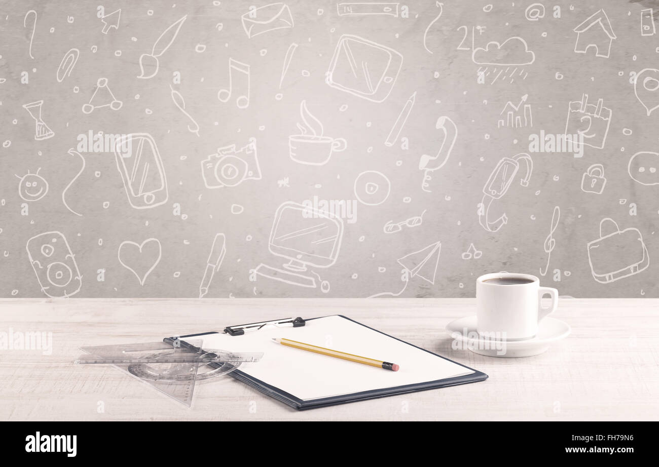 Design office desk with drawings background Stock Photo - Alamy