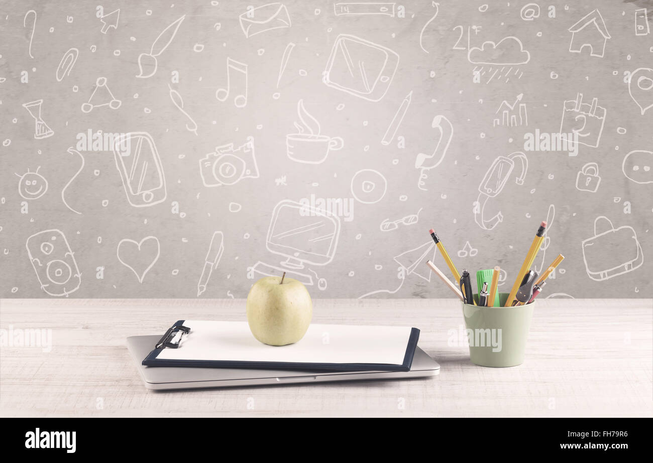 Design office desk with drawings background Stock Photo - Alamy