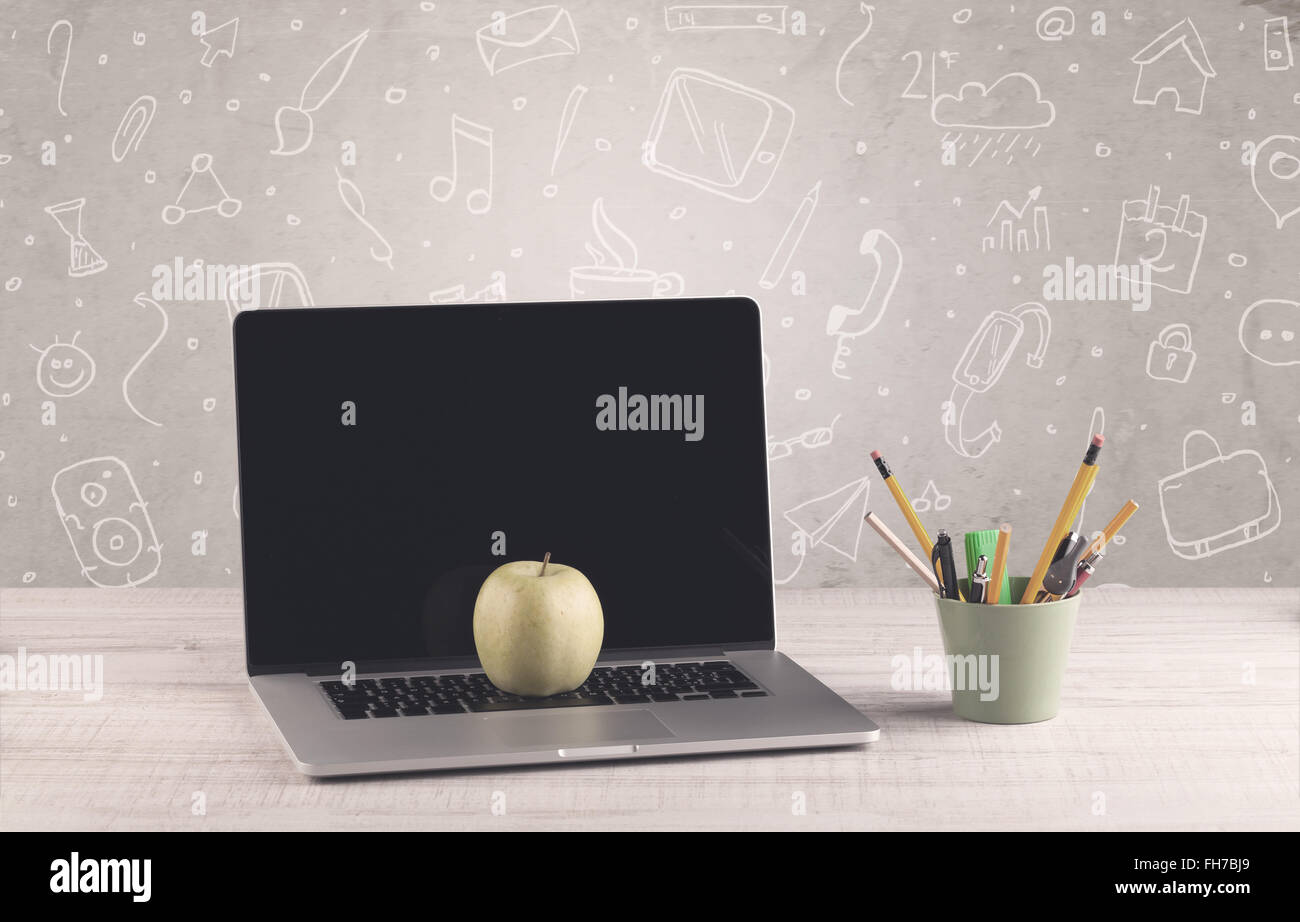 Design office desk with drawings background Stock Photo - Alamy