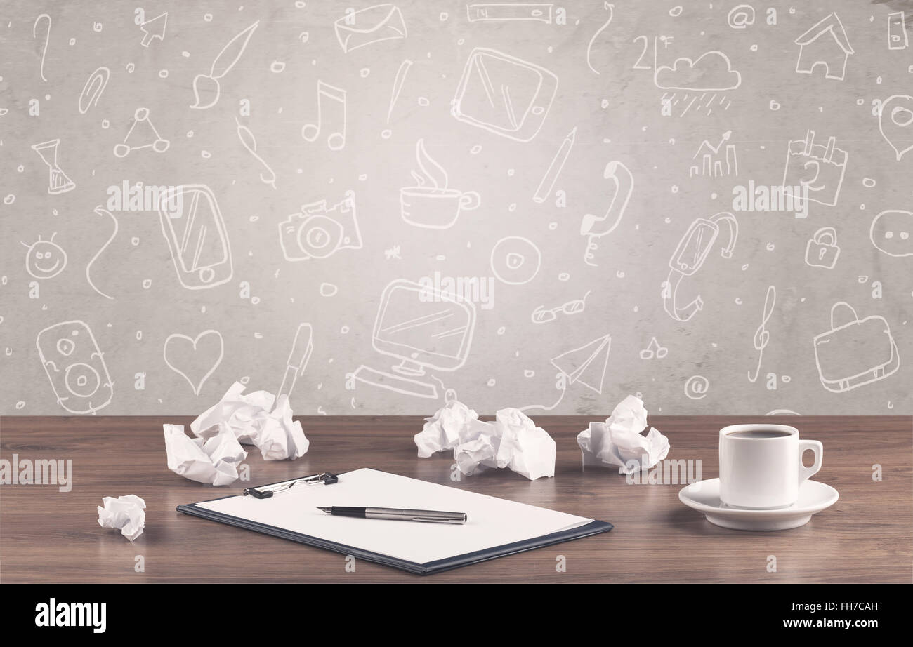 Design office desk with drawings background Stock Photo - Alamy