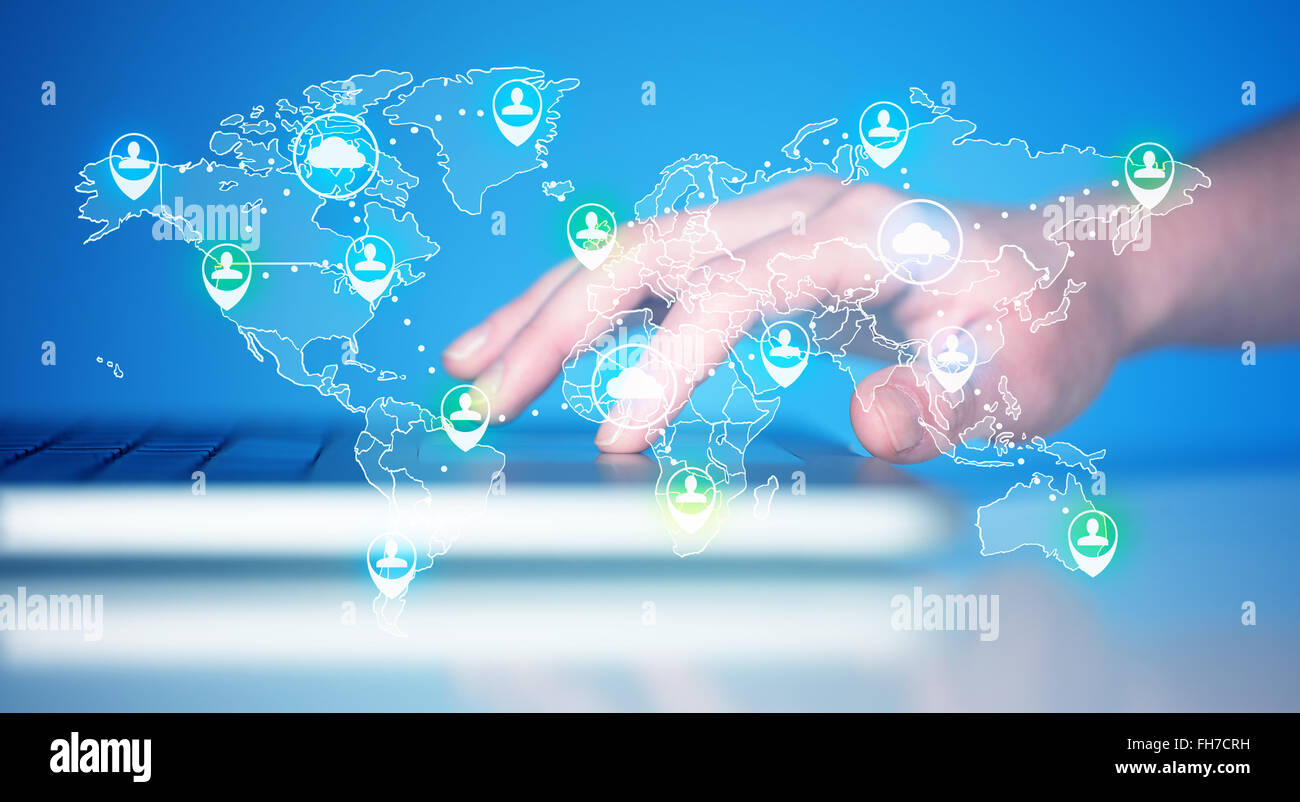 Keyboard with high tech user map icons Stock Photo - Alamy