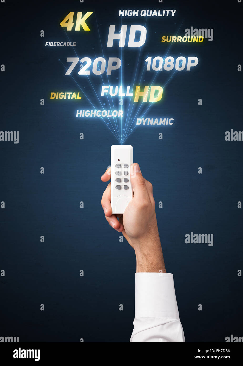 Media Controller Hand with remote control and multimedia properties Stock Photo - Alamy