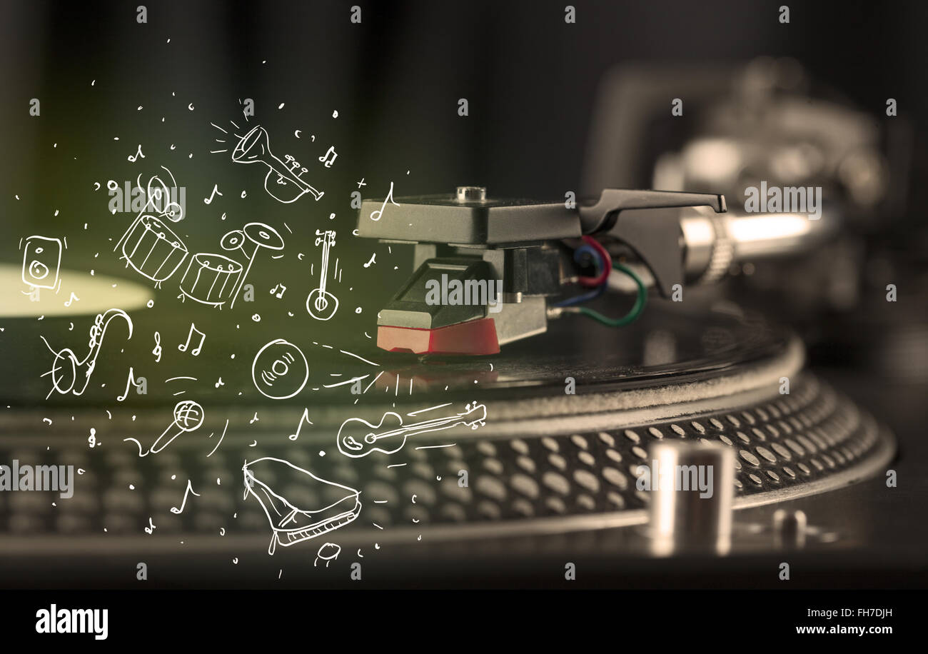 Turntable playing classical music with icon drawn instruments Stock ...