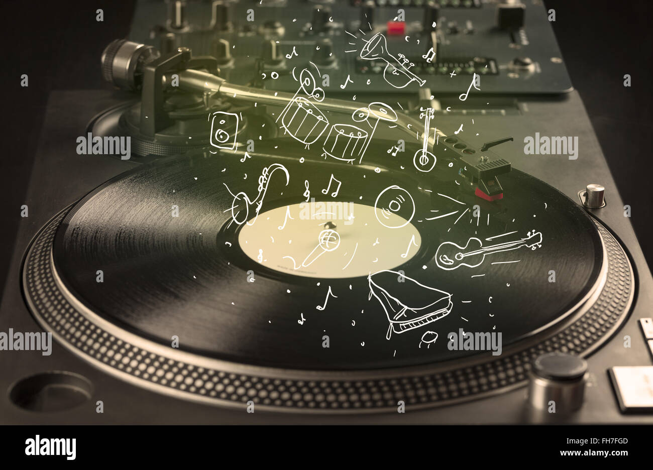 Turntable playing classical music with icon drawn instruments Stock ...