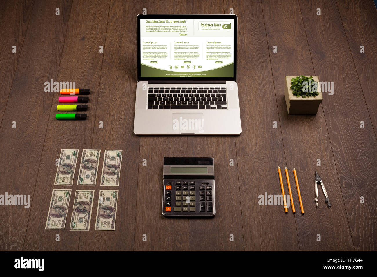 Business table with notebook computer and office accessories Stock ...