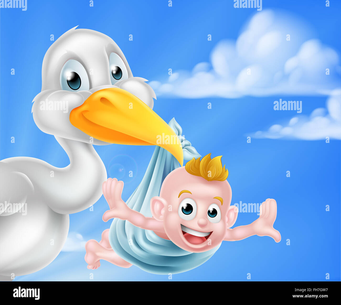 A cartoon stork bird holding a newborn baby. Classic myth of stork bird delivering a new born baby Stock Photo