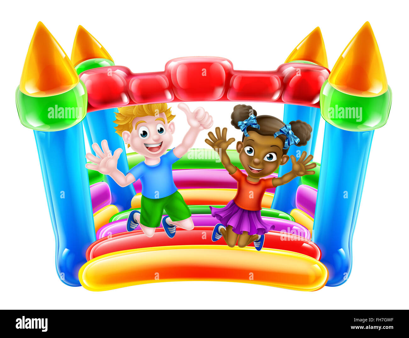 Cartoon boy and girl playing on a bouncy castle Stock Photo