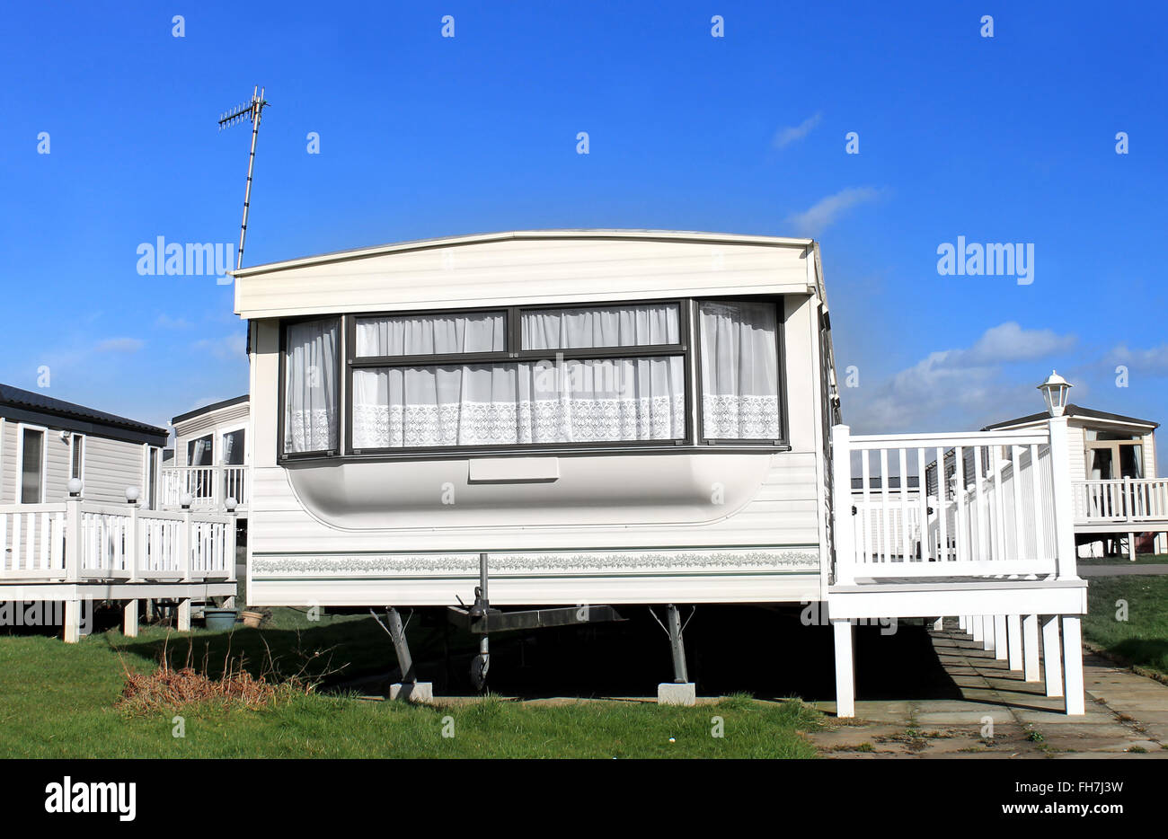 Exterior of luxurious caravans in a trailer park, Scarborough, England. Stock Photo