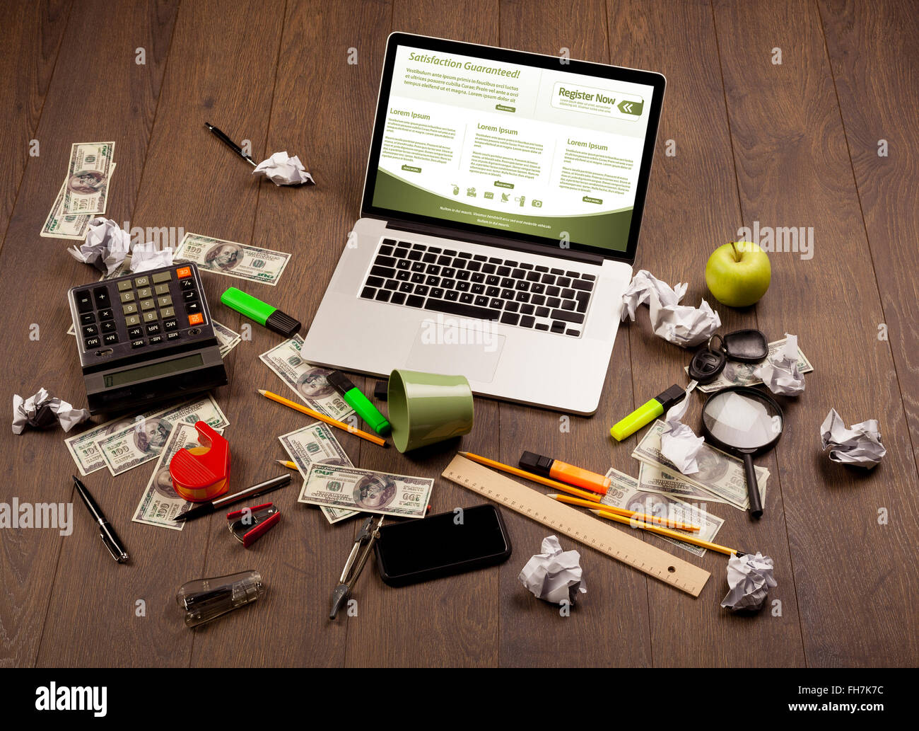 Business table with notebook computer and office accessories Stock ...