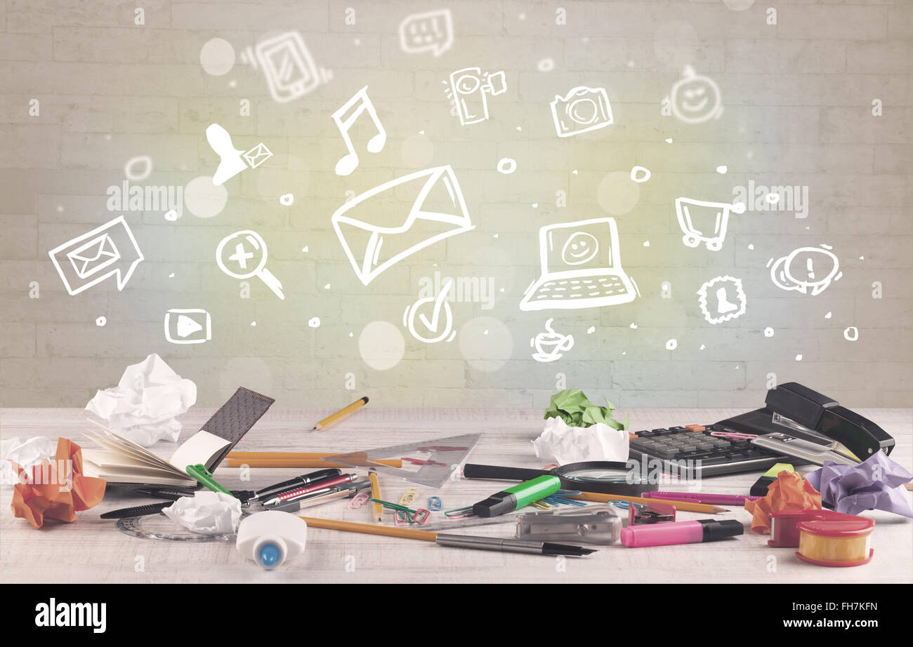 Office desk with communication icons Stock Photo - Alamy