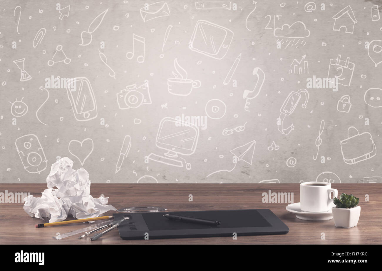 Design office desk with drawings background Stock Photo - Alamy