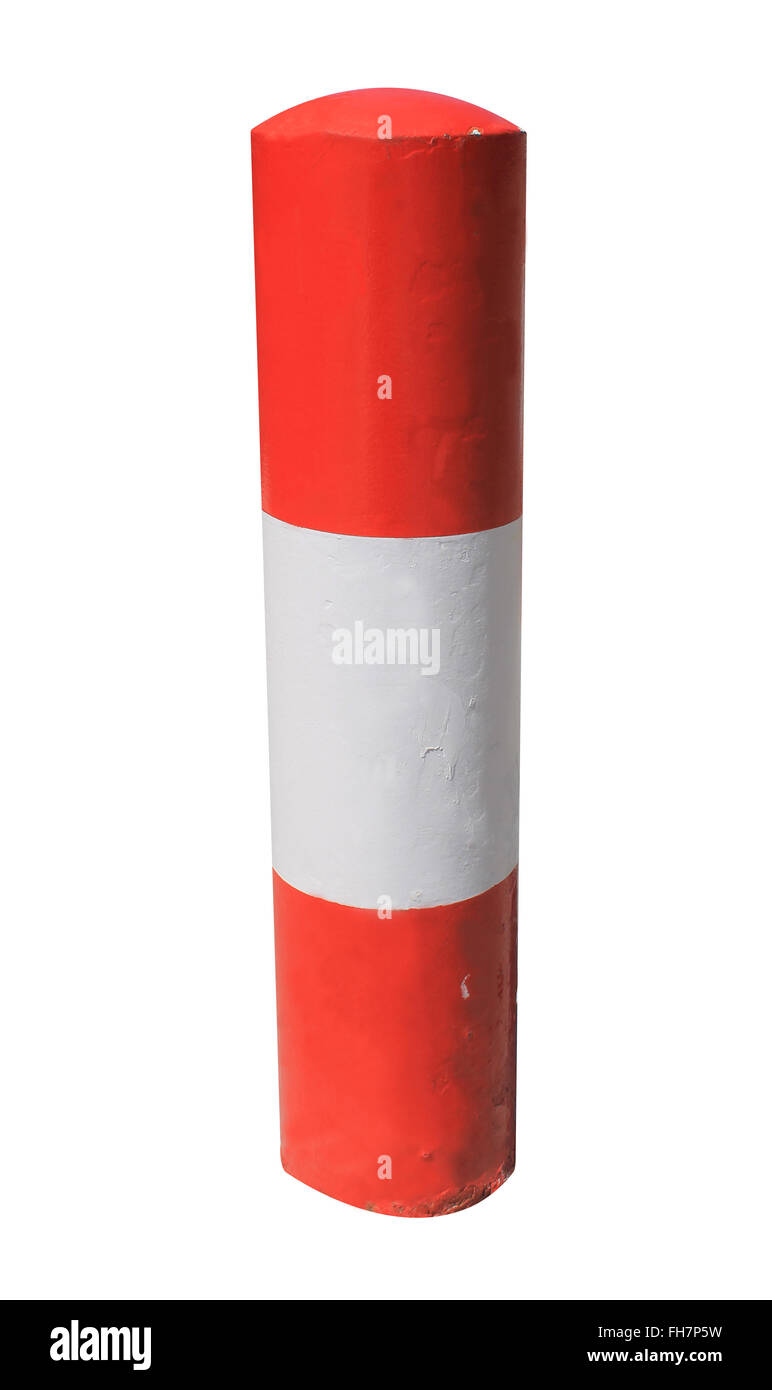 Red and white warning bollard isolated on a white background. Stock Photo