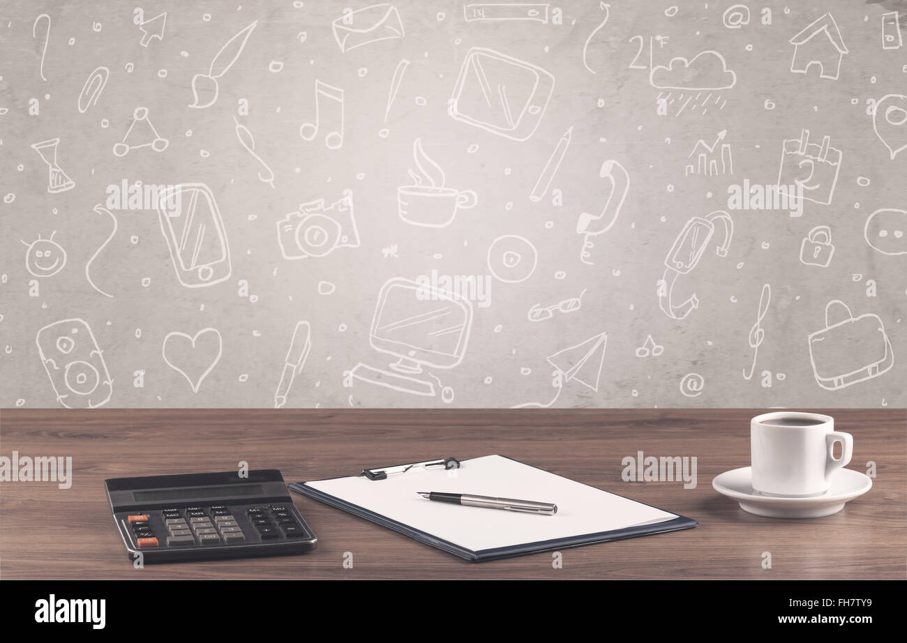 Design office desk with drawings background Stock Photo - Alamy