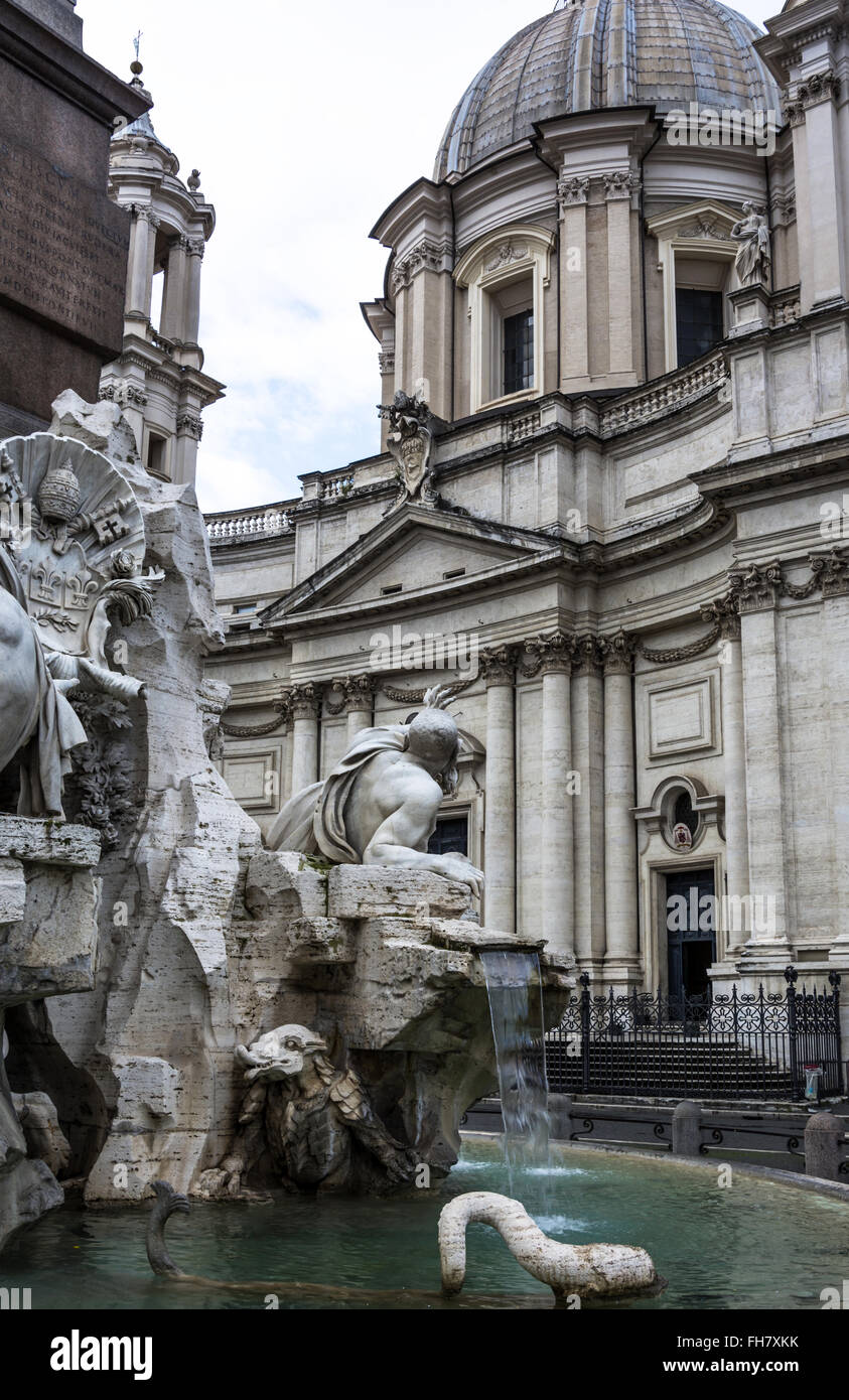 The legend is that Bernini positioned the cowering Rio de la Plata River as if the sculpture was fearing the church Stock Photo