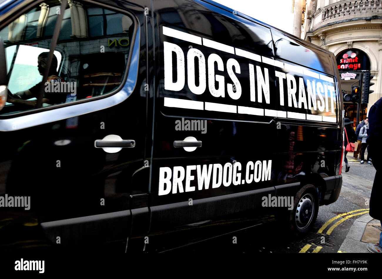 London, England, UK. 'Dogs in Transit' - Brewdog.com van delivering beer in Piccadilly Circus Stock Photo