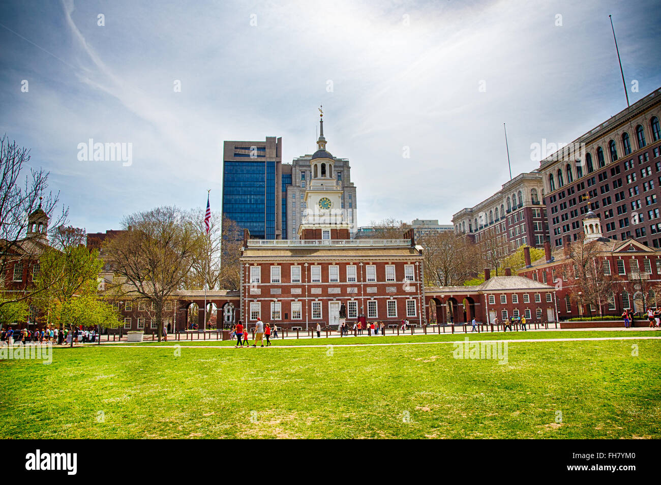 April 13, 2014 Tourists and residence walk past Independance Hall in Historic Philadelphia, Pennsylvania. Stock Photo