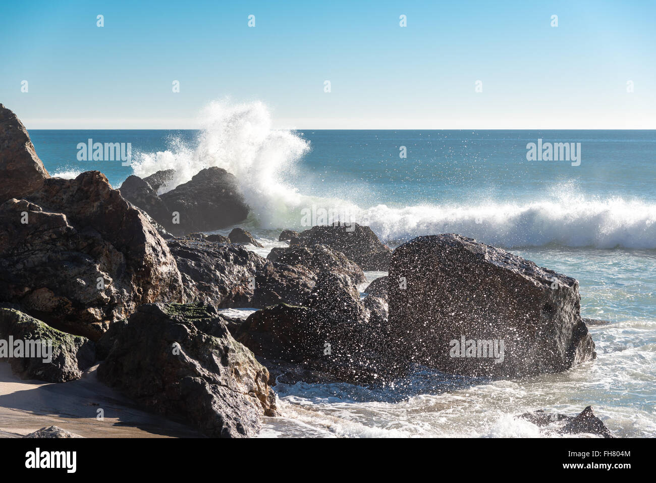 waves crashing into point dume, zuma beach, LA Stock Photo