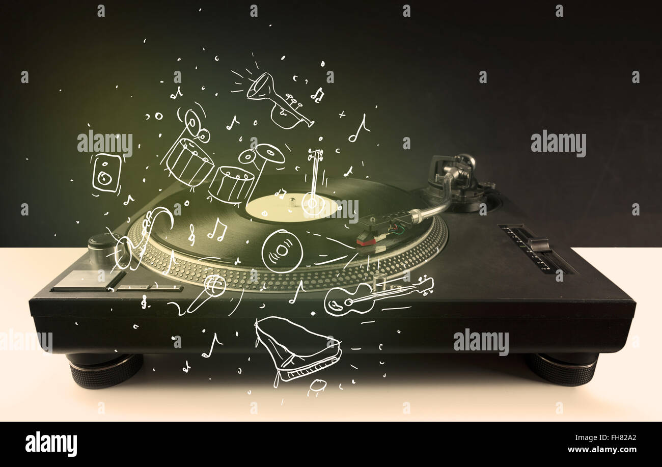 Turntable playing classical music with icon drawn instruments Stock ...