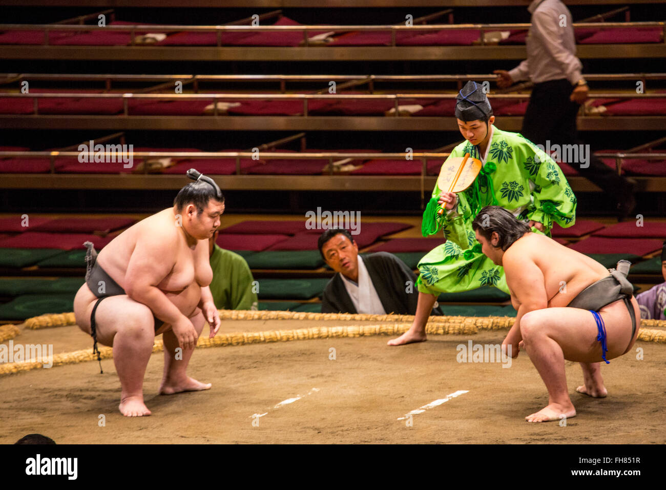 Two Sumo wrestlers prepare to fight in Tokyo Stock Photo