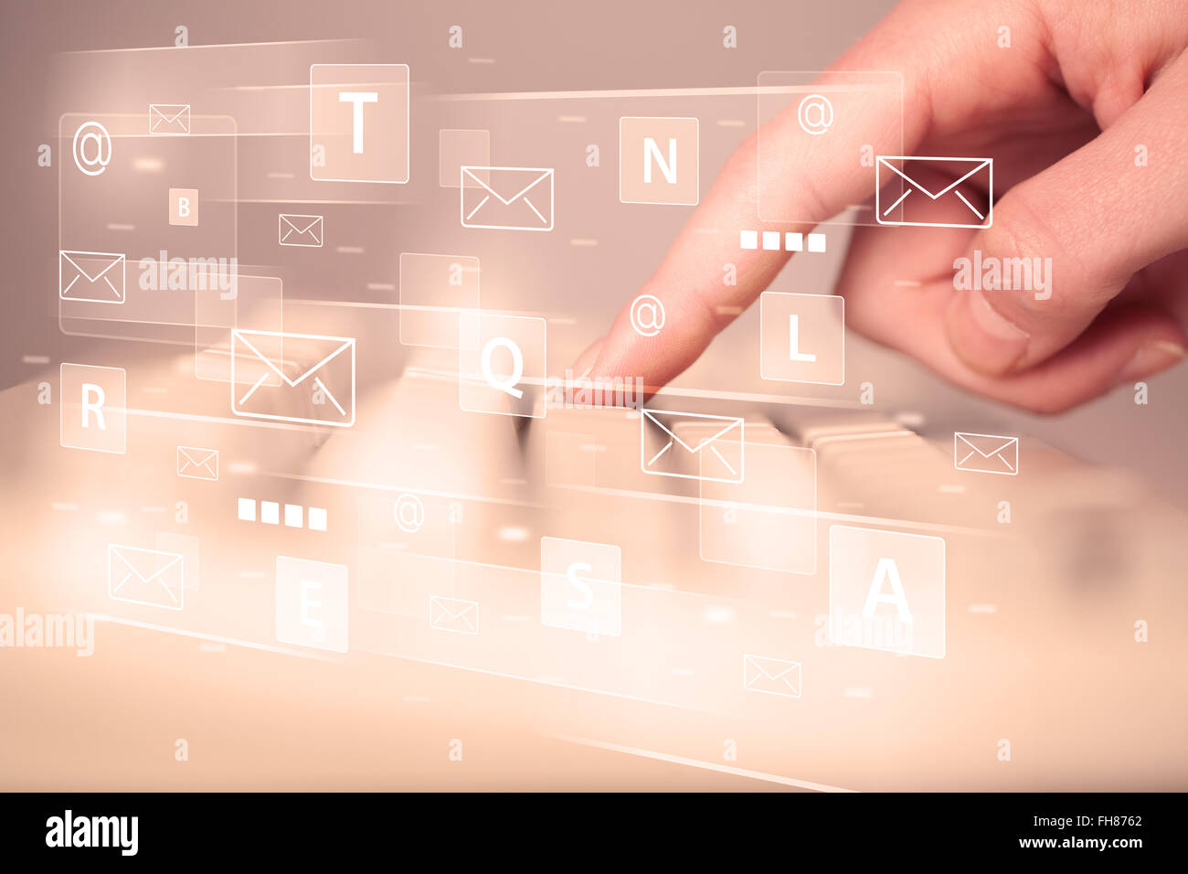 Hand typing on keyboard with digital tech icons Stock Photo - Alamy
