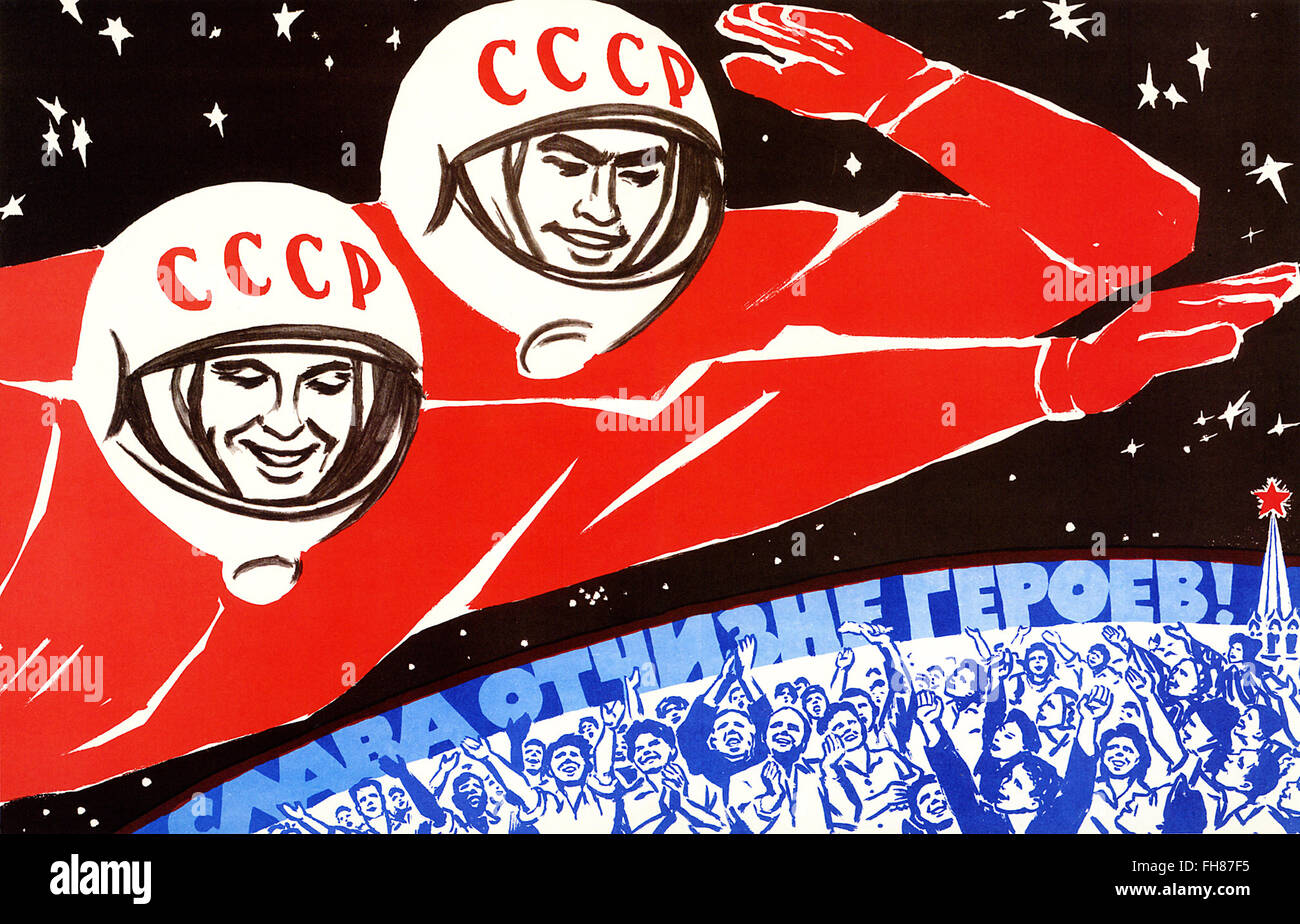retro soviet propaganda era Russian space program poster astronaut