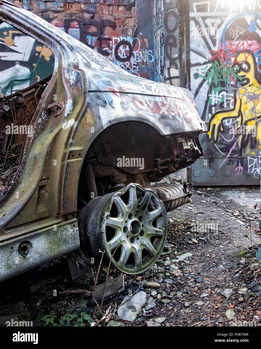 Güterbahnhof train station, Pankow, Berlin. Burnt out car in fire