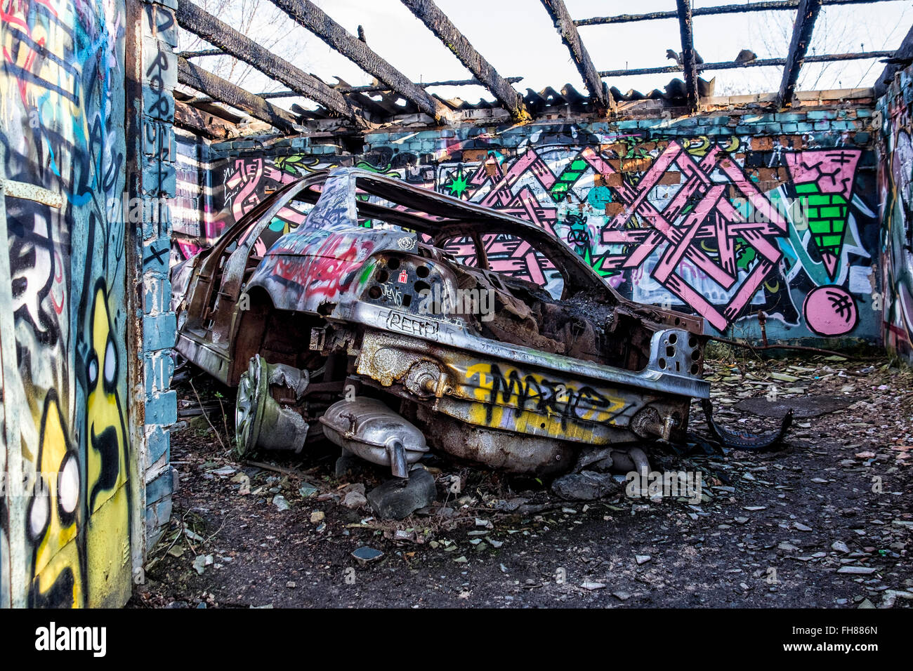 Güterbahnhof train station, Pankow, Berlin. Burnt out car in fire