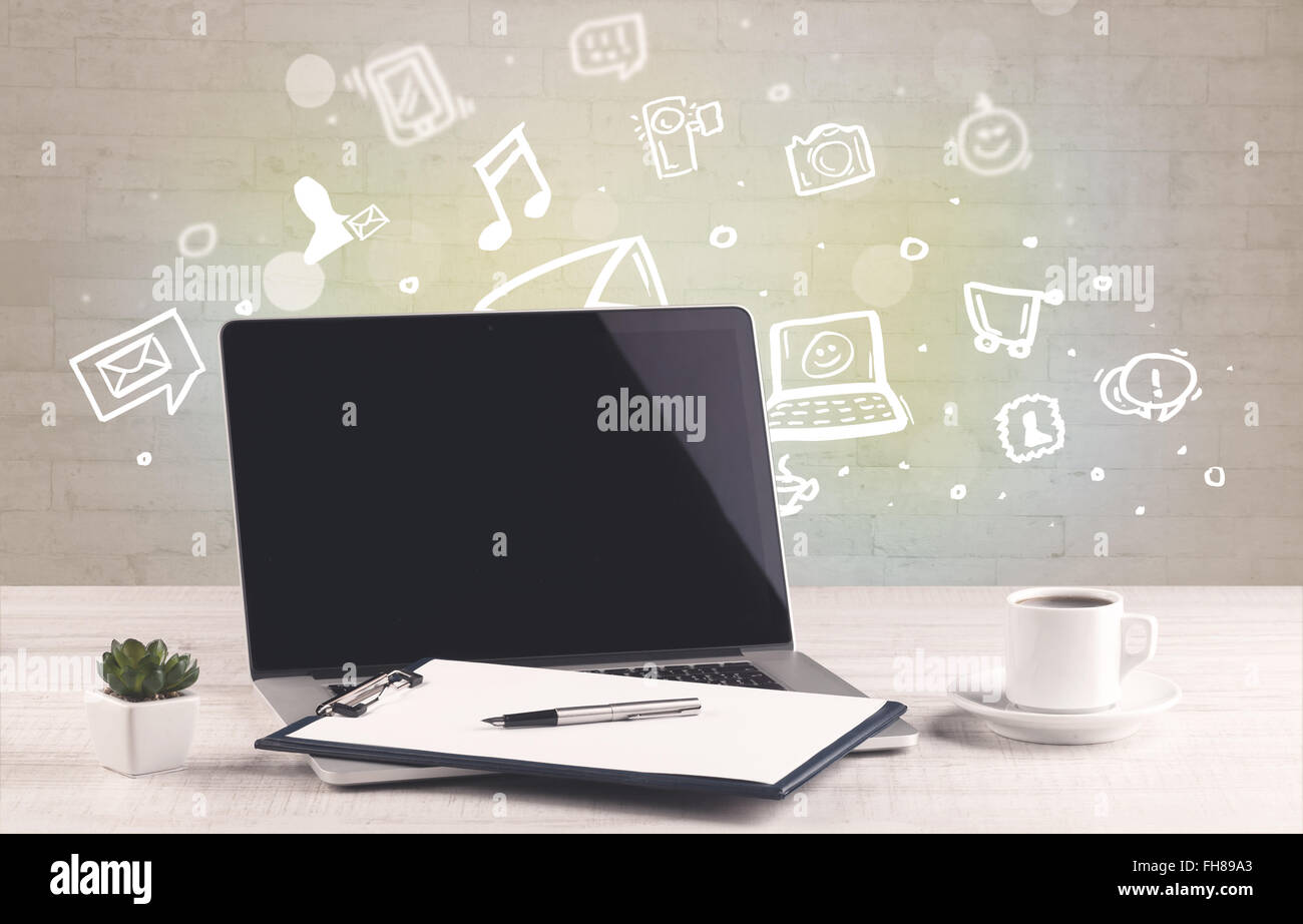 Office desk with communication icons Stock Photo - Alamy