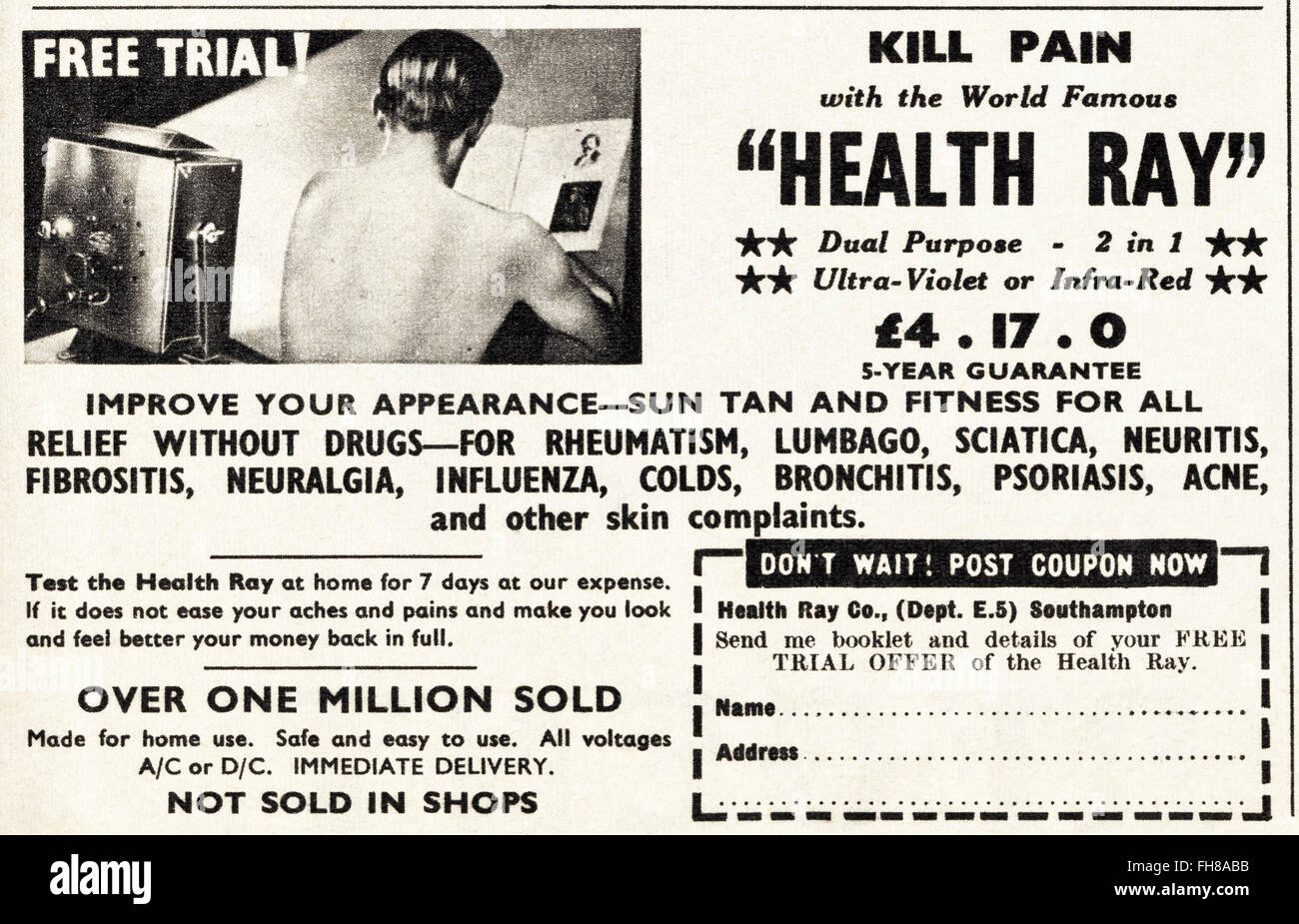 Original vintage advert from 1950s. Advertisement dated 1956 advertising Health Ray to kill pain. 50s retro Stock Photo
