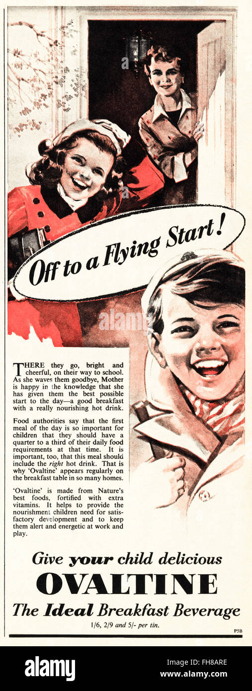 Original vintage advert from 1950s. Advertisement dated 1956 advertising Ovaltine breakfast beverage. Stock Photo