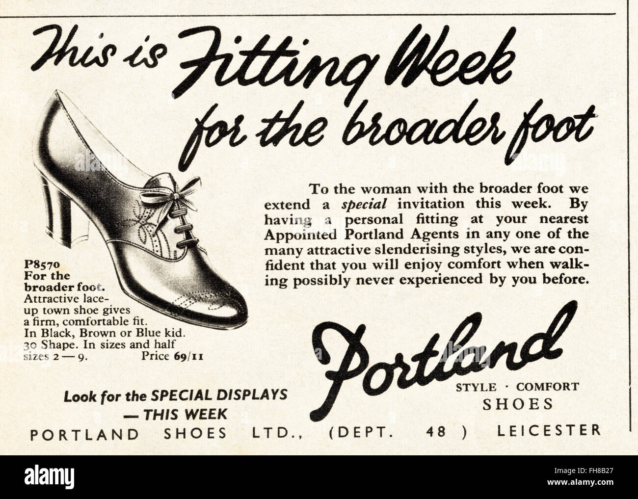 Original vintage advert from 1950s. Advertisement dated 1956 advertising Portland Shoes of Leicester, England, UK. 50s retro Stock Photo