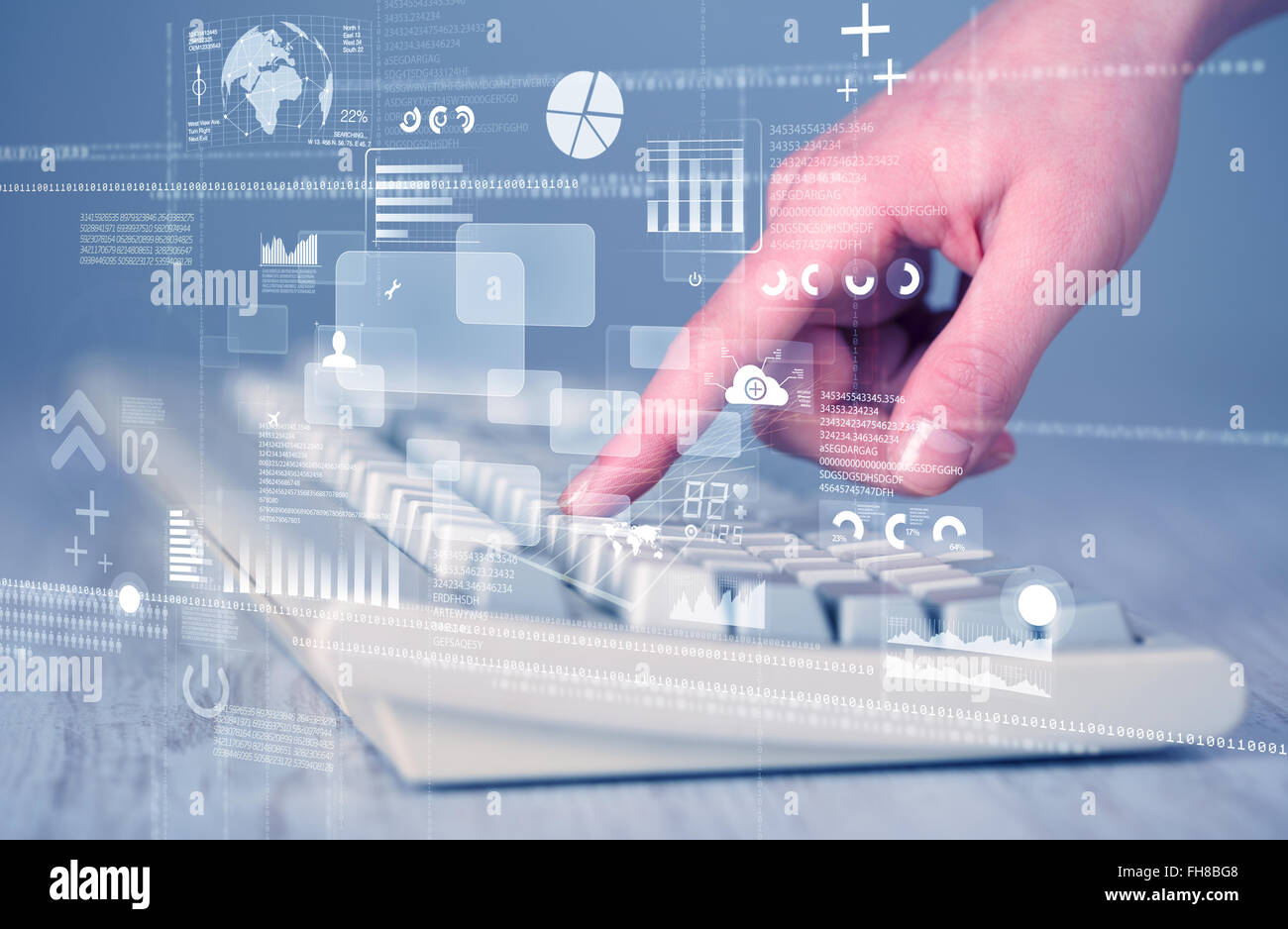 Keyboard buttons pressed by hand with high tech icons Stock Photo - Alamy