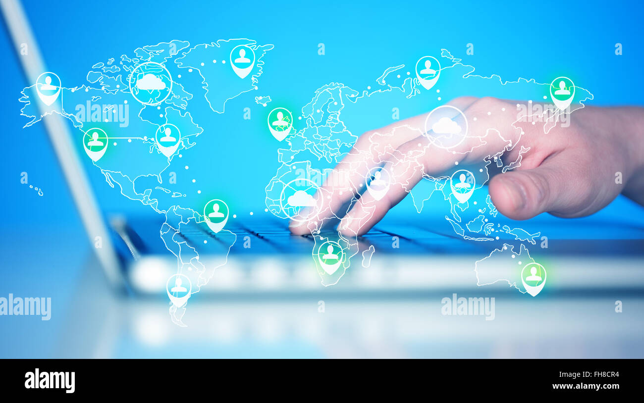 Keyboard with high tech user map icons Stock Photo - Alamy
