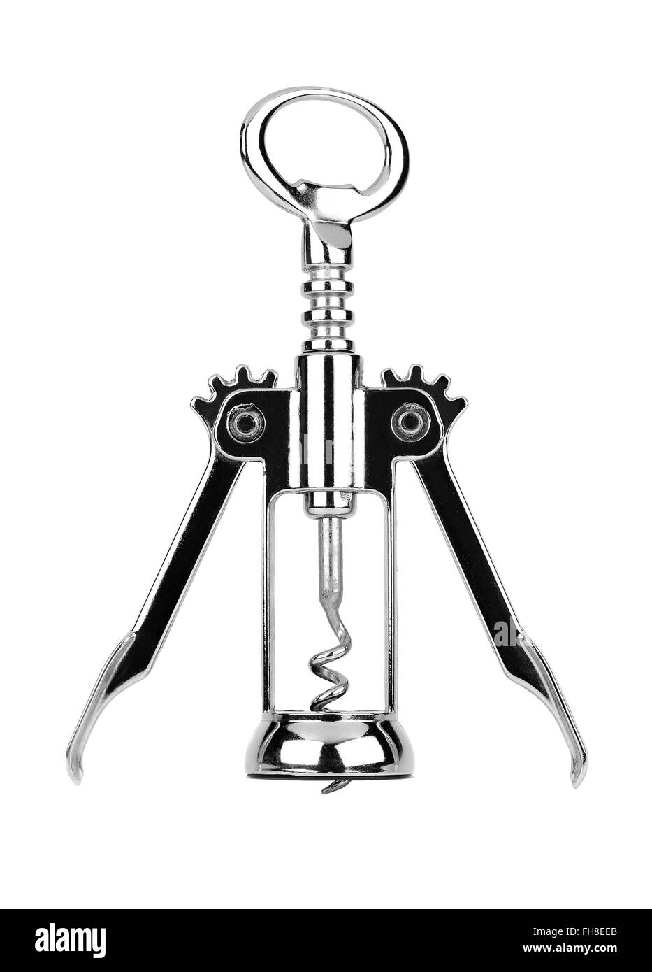 Glossy metal wine bottle opener isolated over the white background, mechanical corkscrew Stock Photo