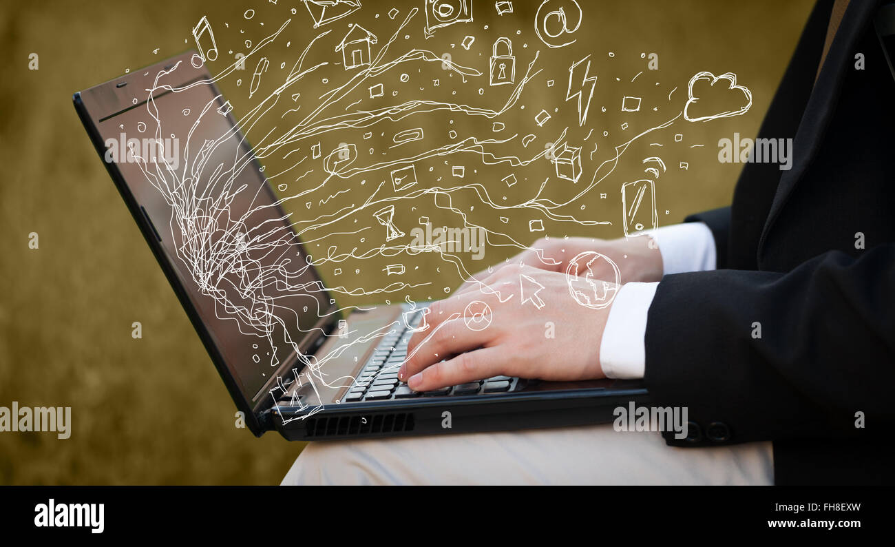 Man pressing notebook laptop computer with doodle icon cloud symbols ...