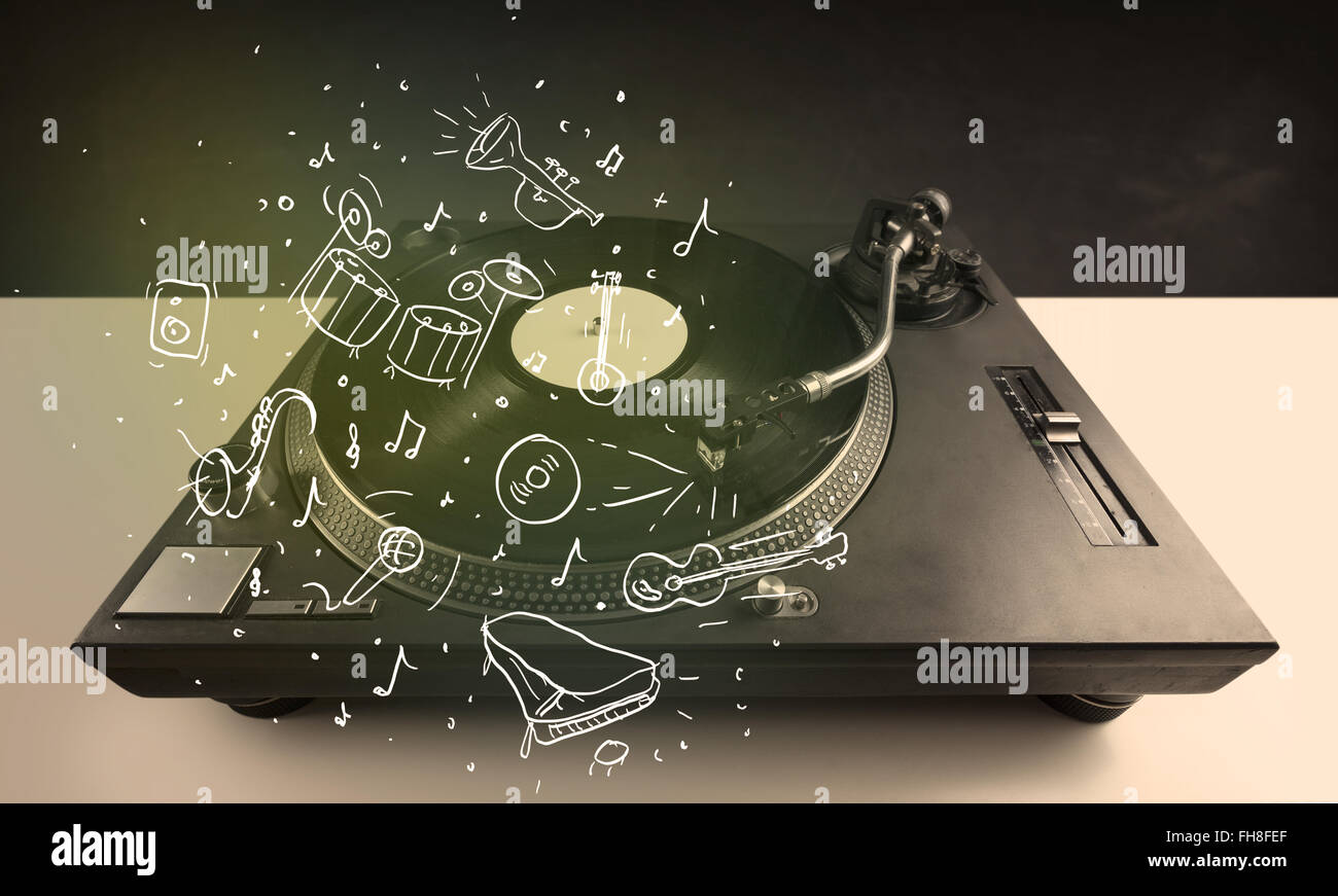 Turntable playing classical music with icon drawn instruments Stock ...