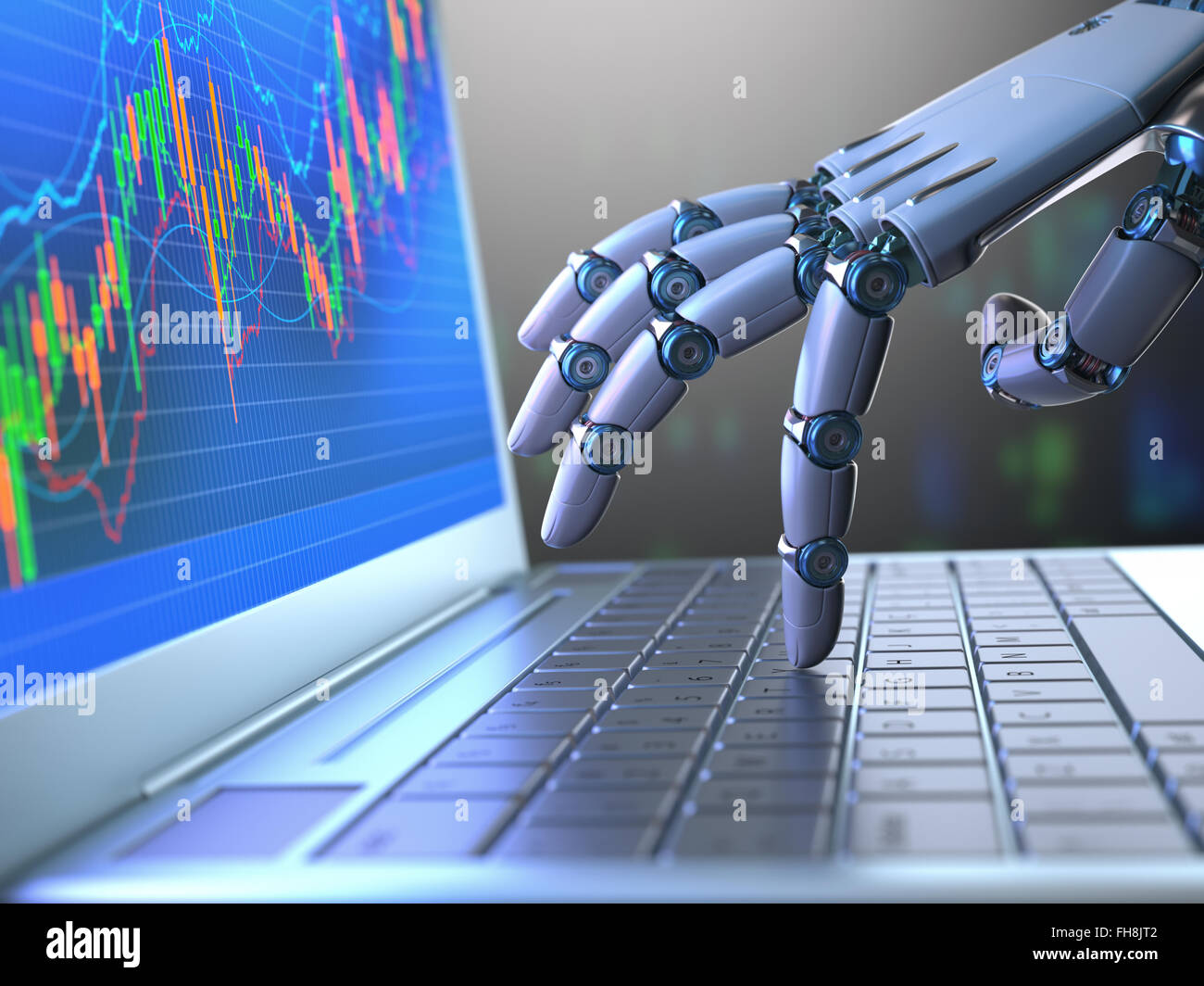 Robot hand, ordering on a laptop keyboard, an exchange trade. Stock Photo