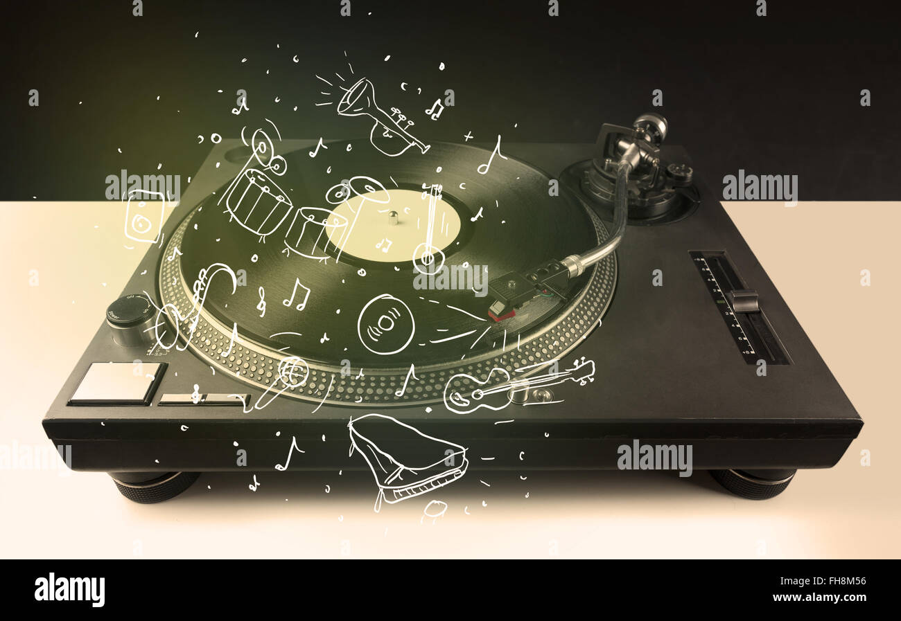 Turntable playing classical music with icon drawn instruments Stock ...