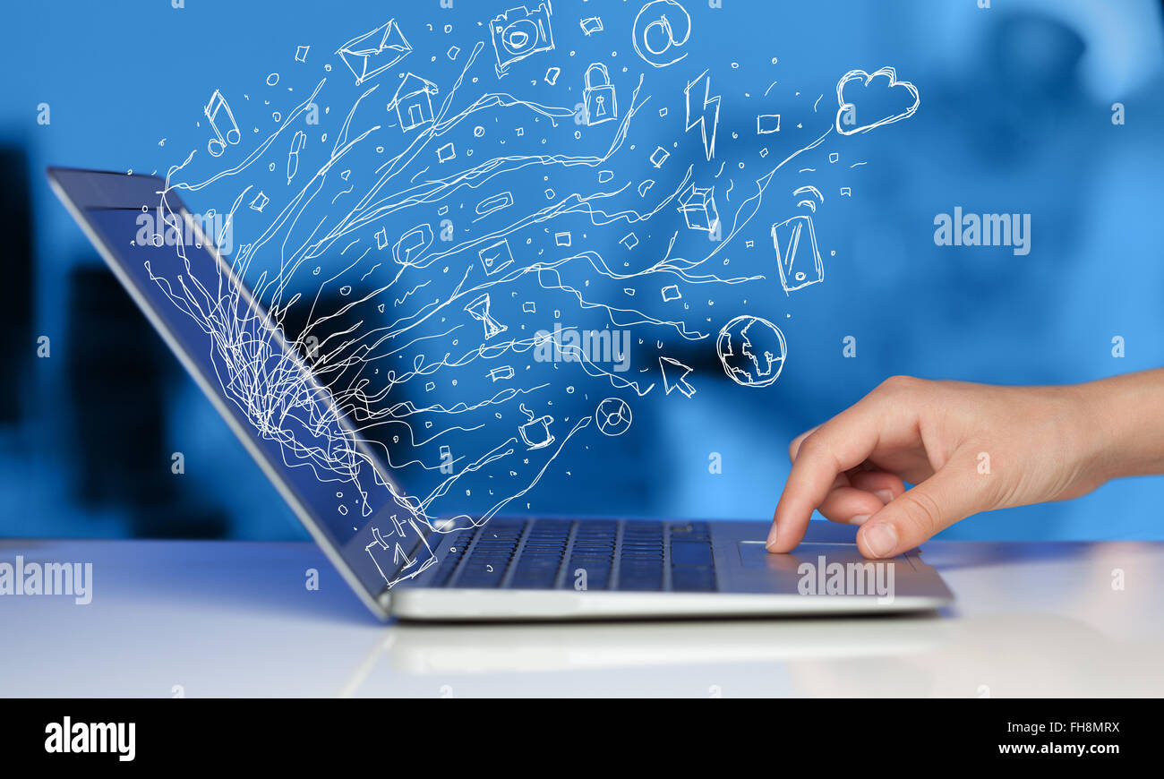 Man pressing notebook laptop computer with doodle icon cloud symbols ...