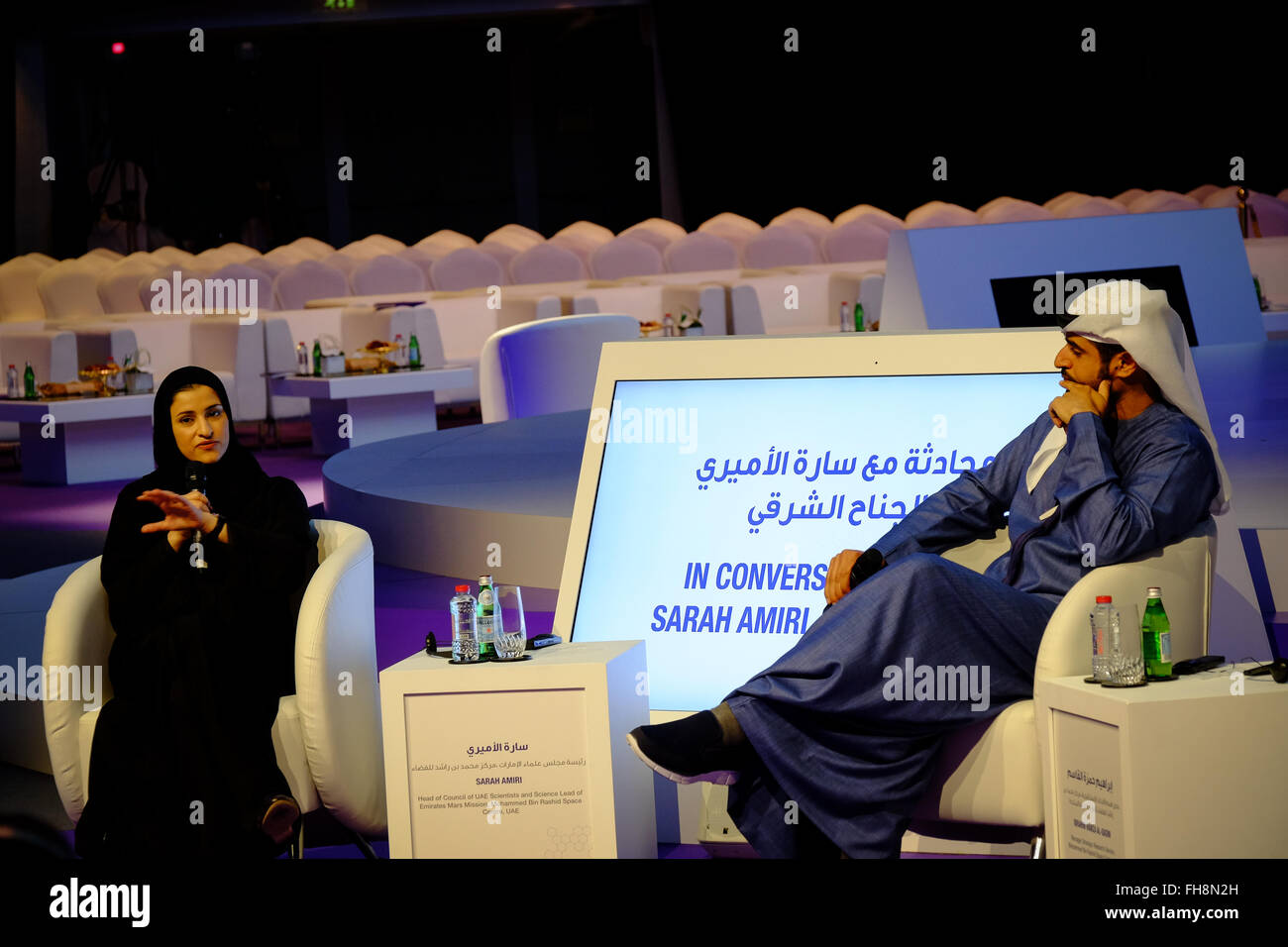 Dubai, United Arab Emirates. 24th Feb, 2016. Sarah Amiri (Head of Council of UAE Scientists and Science Lead of Emirates Mars Mission, Mohammed Bin Rashid Space Centre, UAE) during the “in conversation with Sarah Amiri” session, moderated by Ibrahim Hamza Al-Qasim (Manager, Strategic Research Section, Mohammed Bin Rashid Space Centre, UAE). Credit:  RoverImages/Pacific Press/Alamy Live News Stock Photo