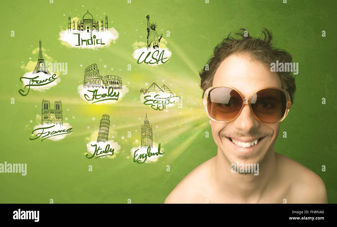 Happy young man with sunglasses traveling to cities around the world Stock Photo