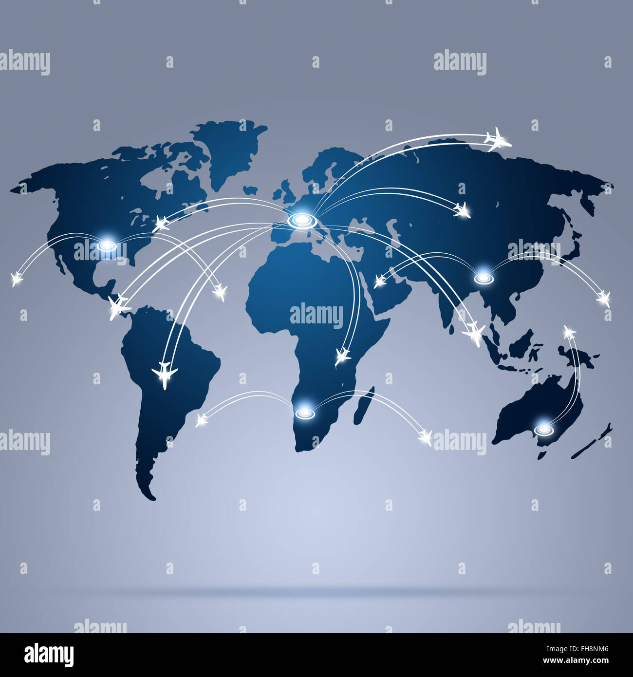 global aviation background with airplanes over the map Stock Photo