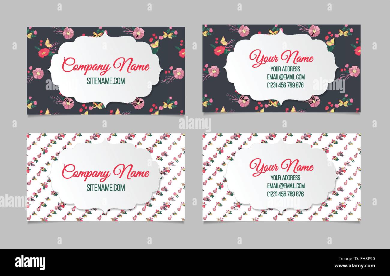 Set of two double-sided floral business cards Stock Vector