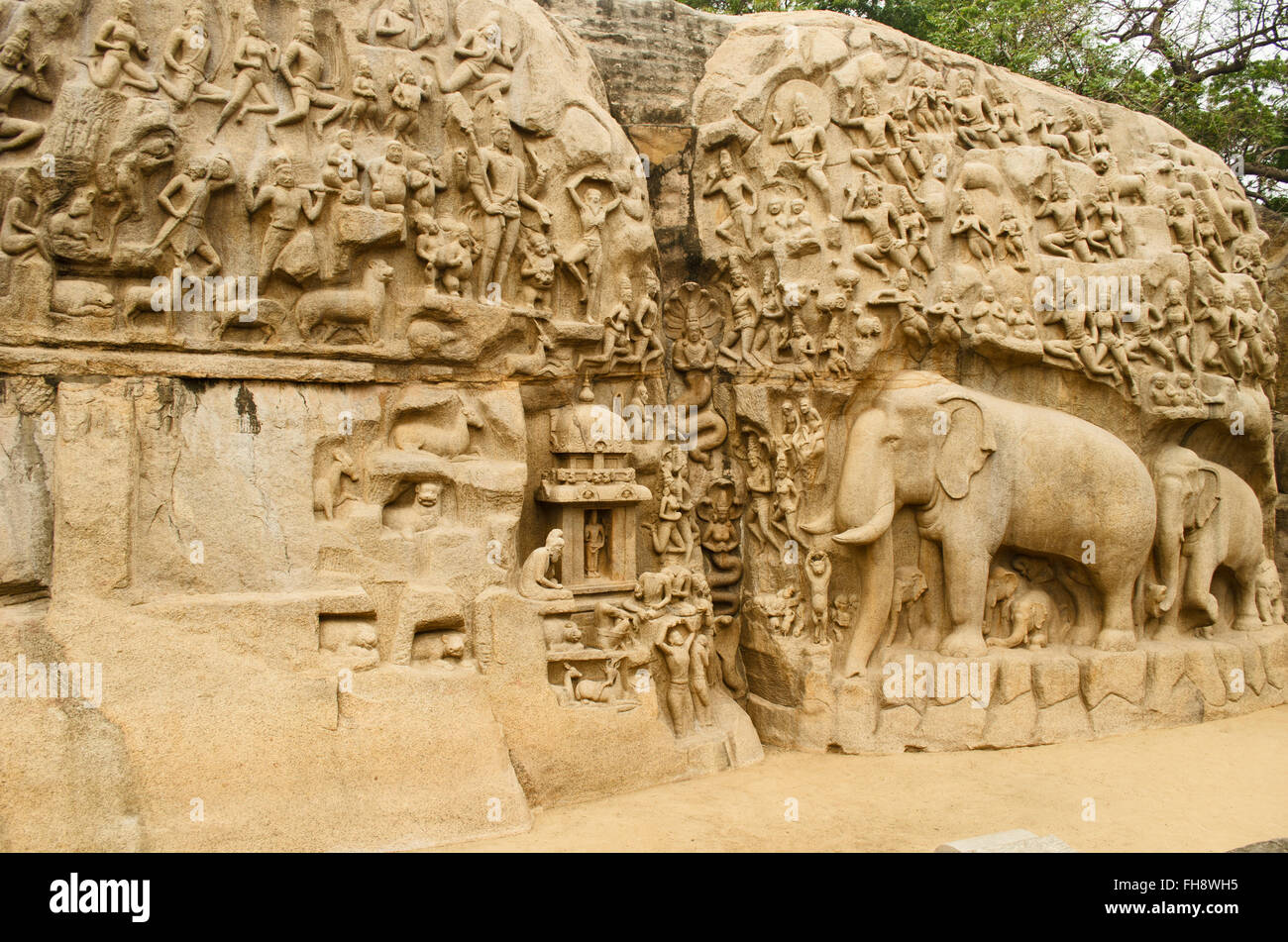 Arjuna's Penance at Mahabalipuram, Tamil Nadu, India Stock Photo