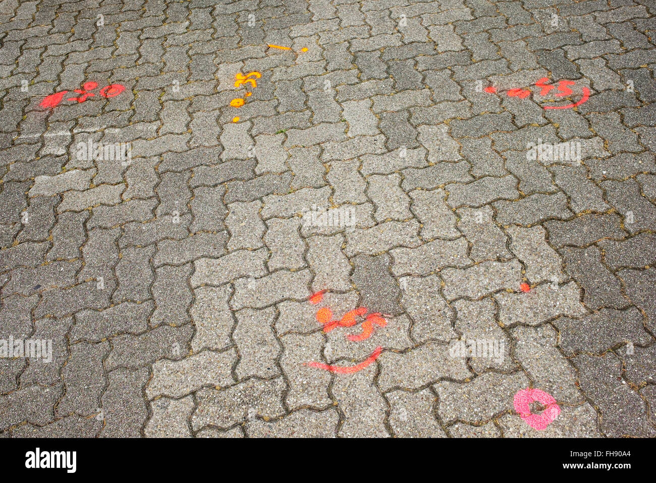 Cobbled pavement with markings before civil engineering works, France, Europe Stock Photo
