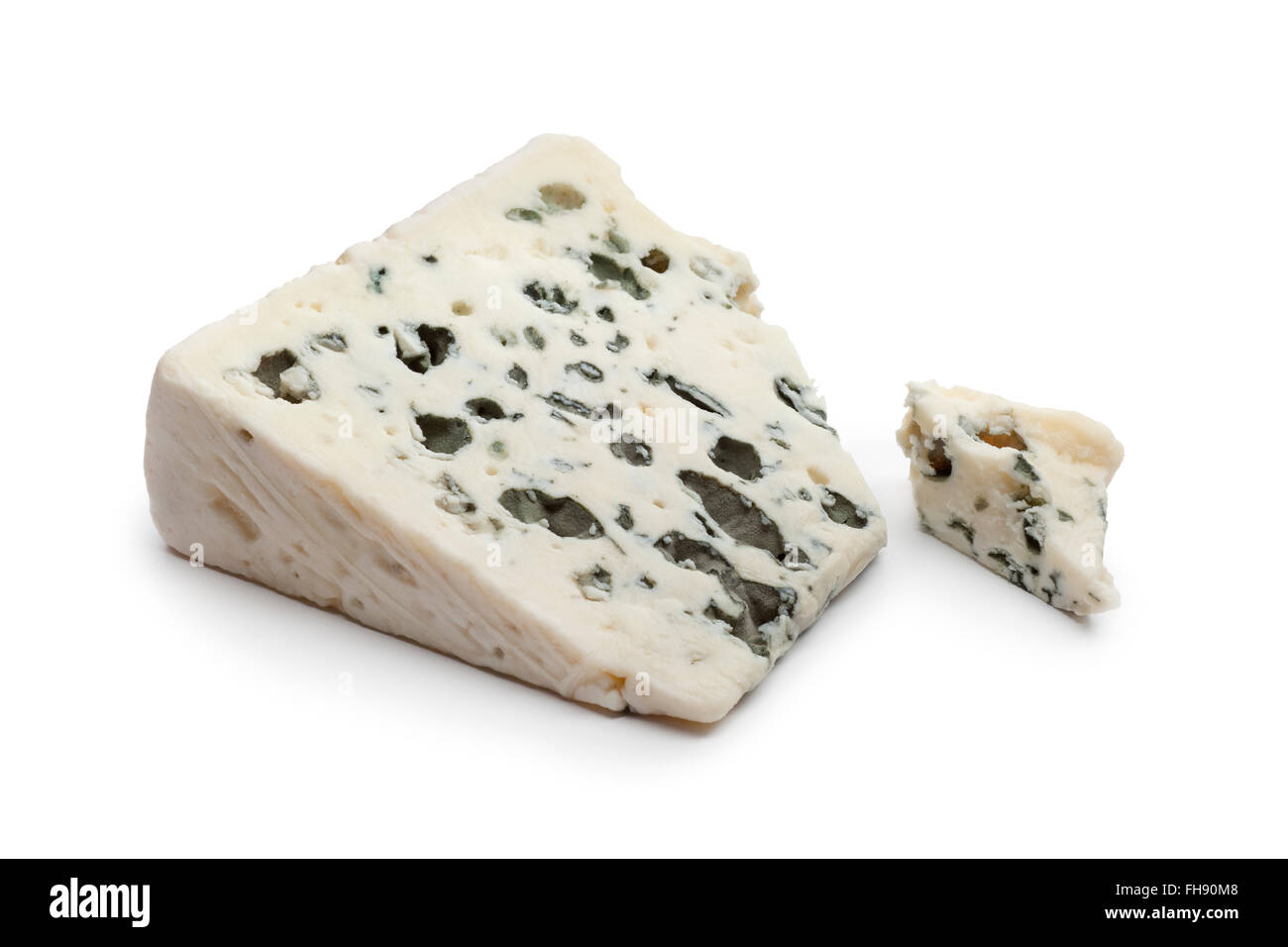 Slice of Roquefort cheese on white background Stock Photo