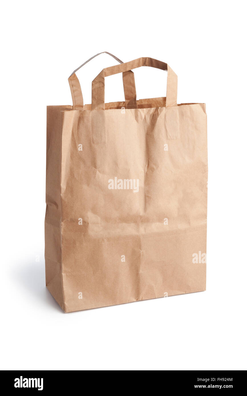 Empty brown paper shopping bag on white background Stock Photo